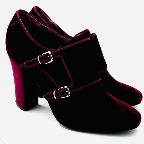 Tory Burch Shoes - Tory Burch Burgundy Velvet Double Monk Strap Heels Size 11 Block Heel Luxe